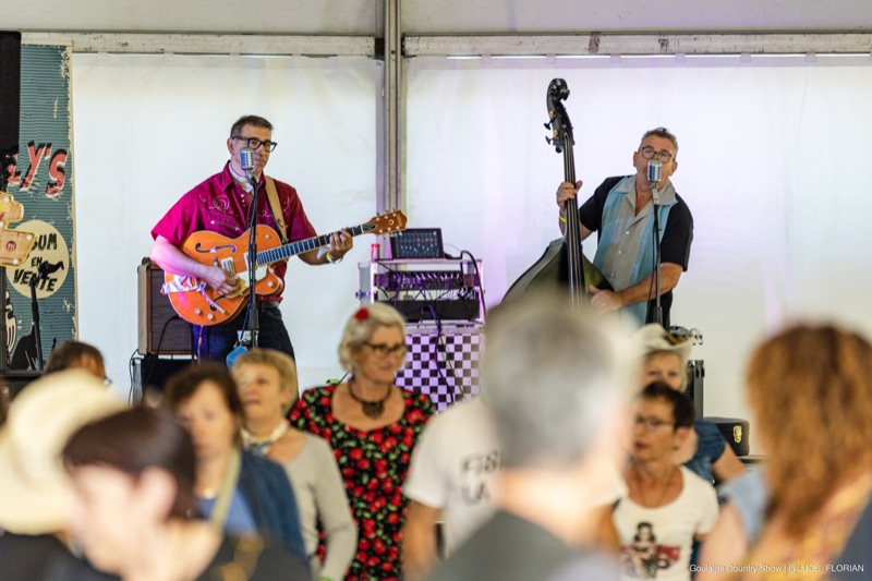Duo du groupe Dockabilly's, guitare et contrebasse sur scène, public dansant au premier plan